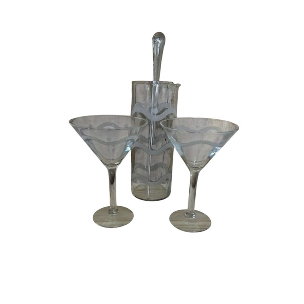Handmade Badash China Martini 4 Pc Set 2 Glasses Stirrer And Glass Mixer W/pour